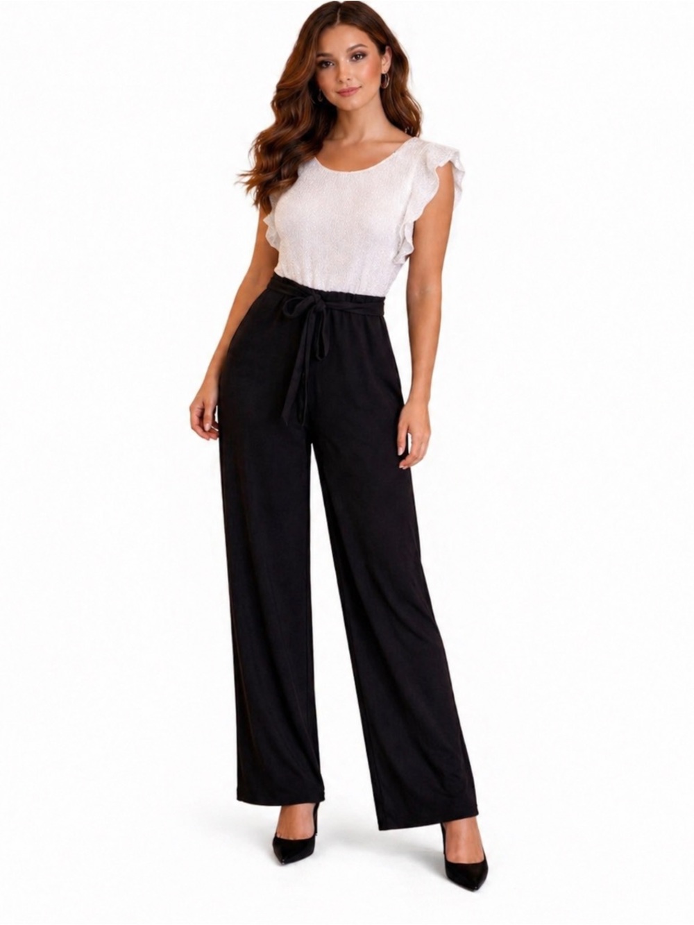 Ronni Nicole White and Black Sequin Top Flutter Sleeve Jumpsuit